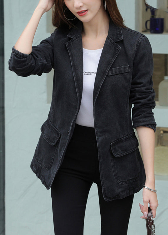 WW | Black Notched Pockets Patchwork Denim Coats Long Sleeves