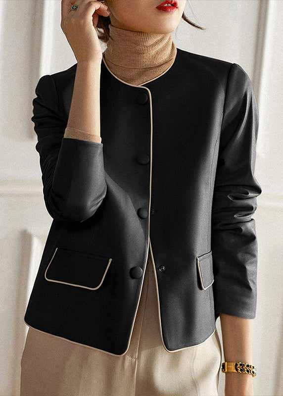 WW | Black O-Neck Button Patchwork Shearling Coats
