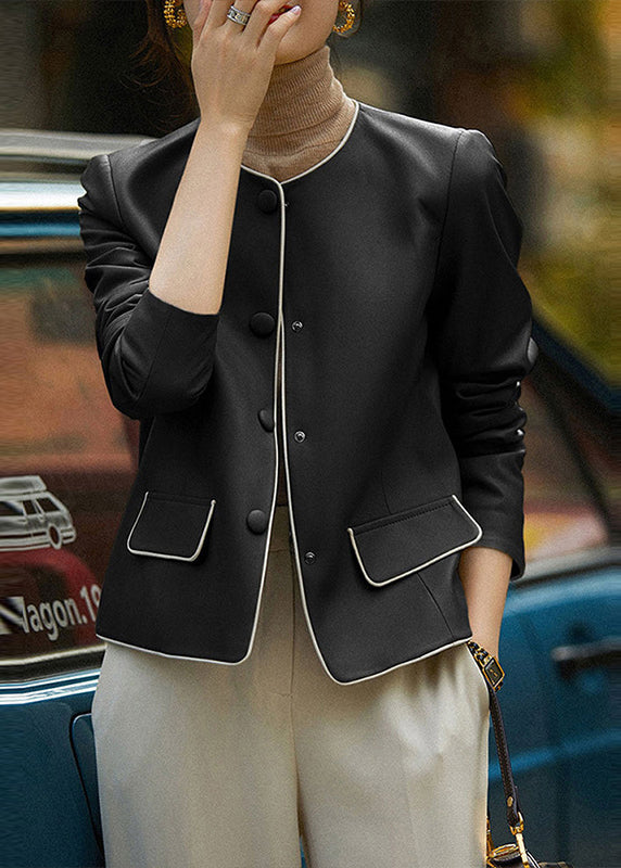 WW | Black O-Neck Button Patchwork Shearling Coats