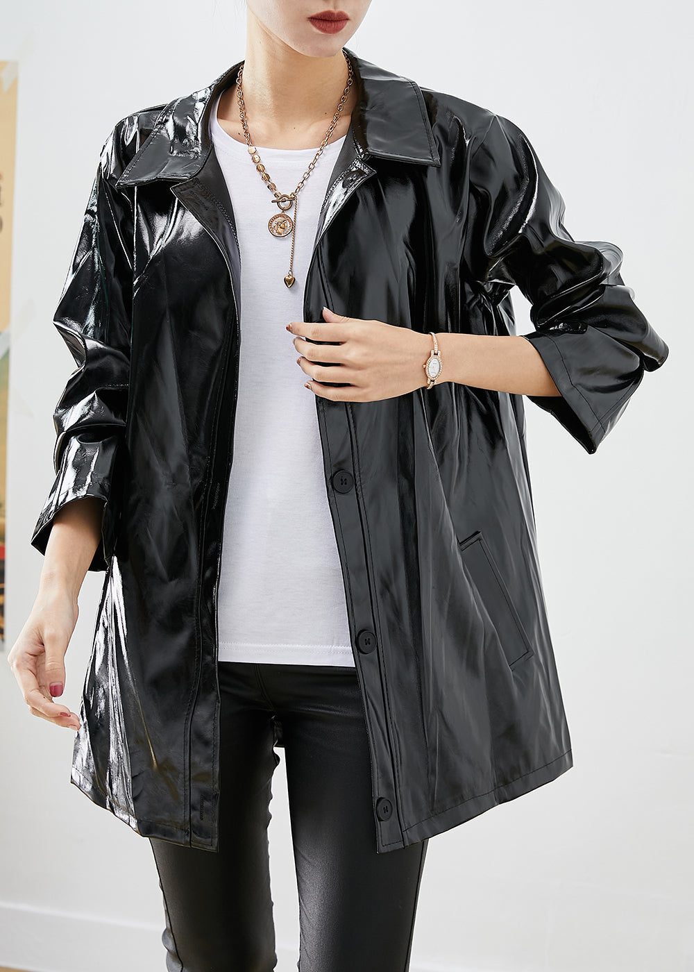 WW | Black Oversized Letter Print Faux Leather Jackets