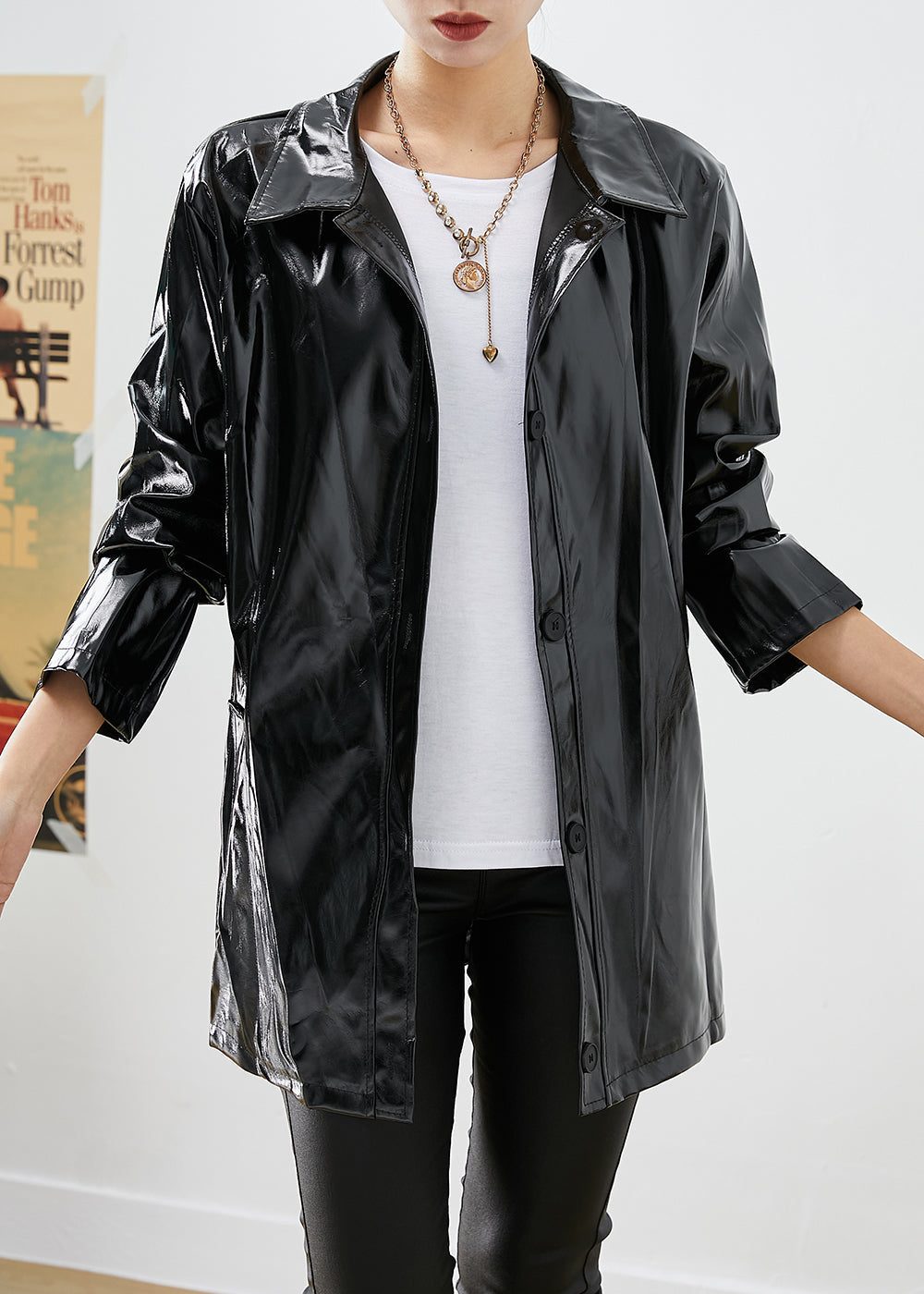 WW | Black Oversized Letter Print Faux Leather Jackets