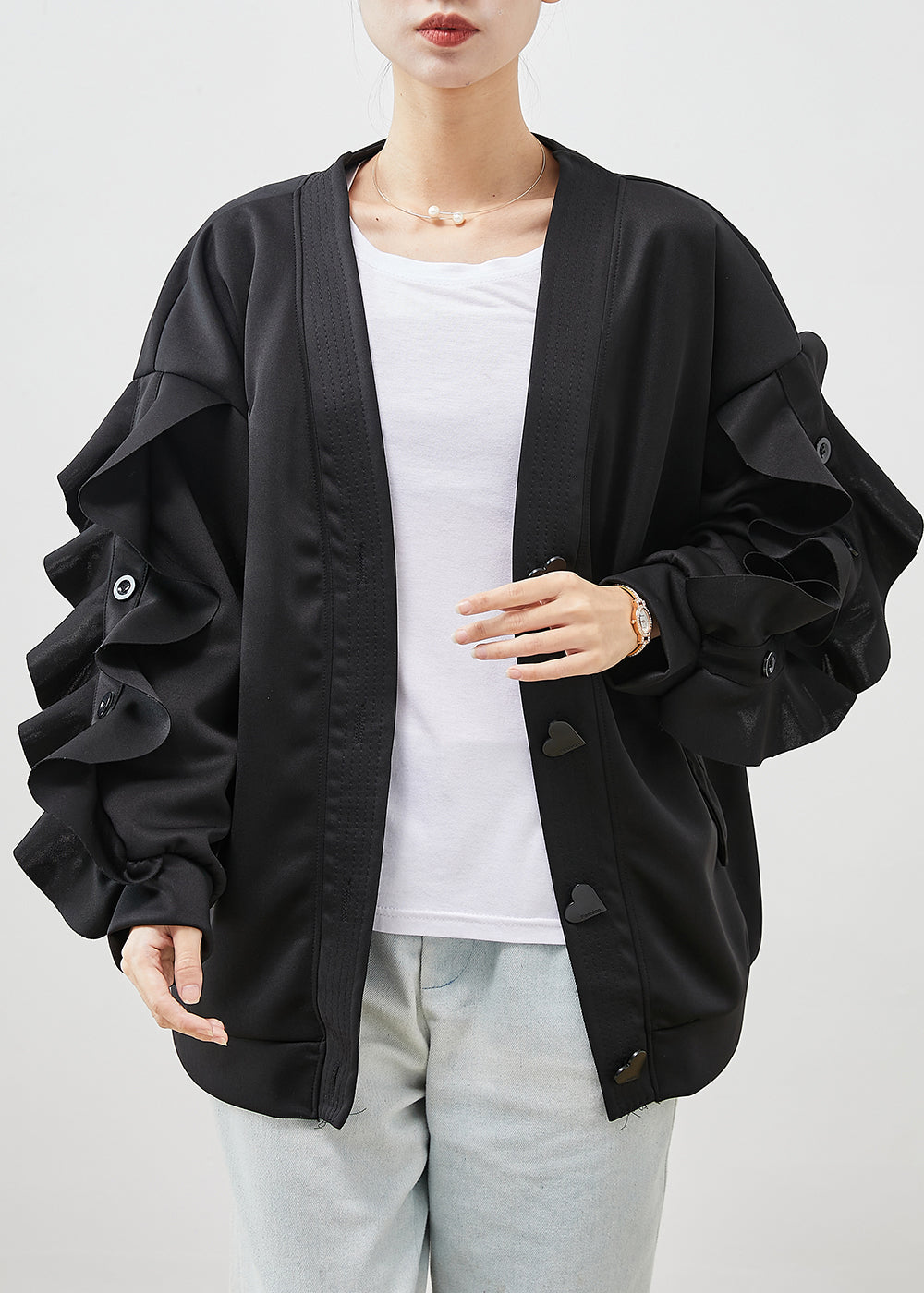 WW | Black Ruffle Shirt Patchwork Cotton Jackets
