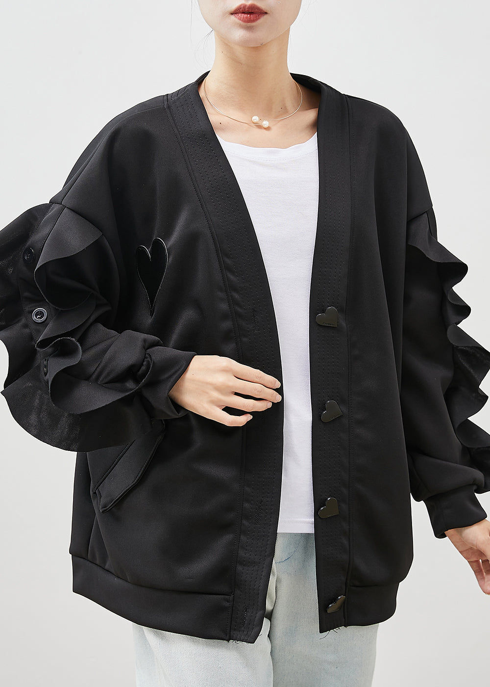 WW | Black Ruffle Shirt Patchwork Cotton Jackets