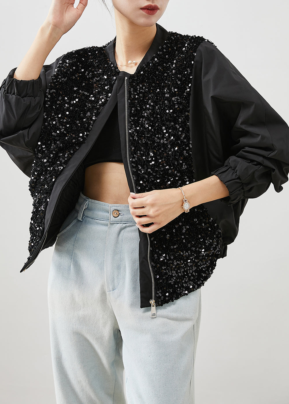 WW | Black Sequin Pocket Patchwork Cotton Jackets