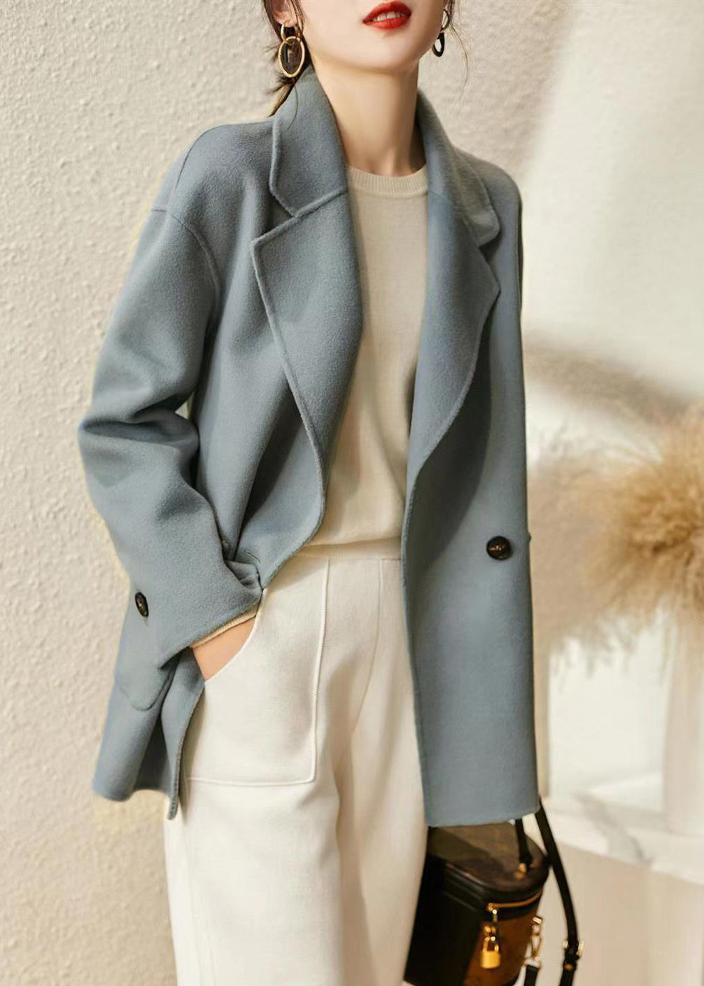 WW | Blue-Grey Lapel Button Down Pockets Wool Coats