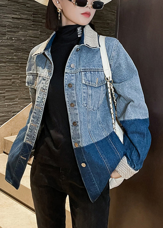 WW | Blaue Peter Pan Kragen Knopf Patchwork Denim Mäntel Lange Ärmel