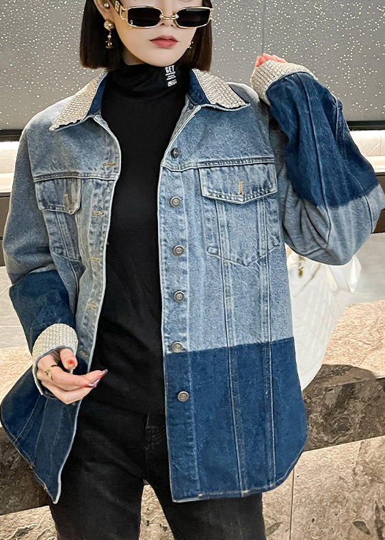 WW | Blue Peter Pan Collar Button Patchwork Denim Coats Long Sleeves