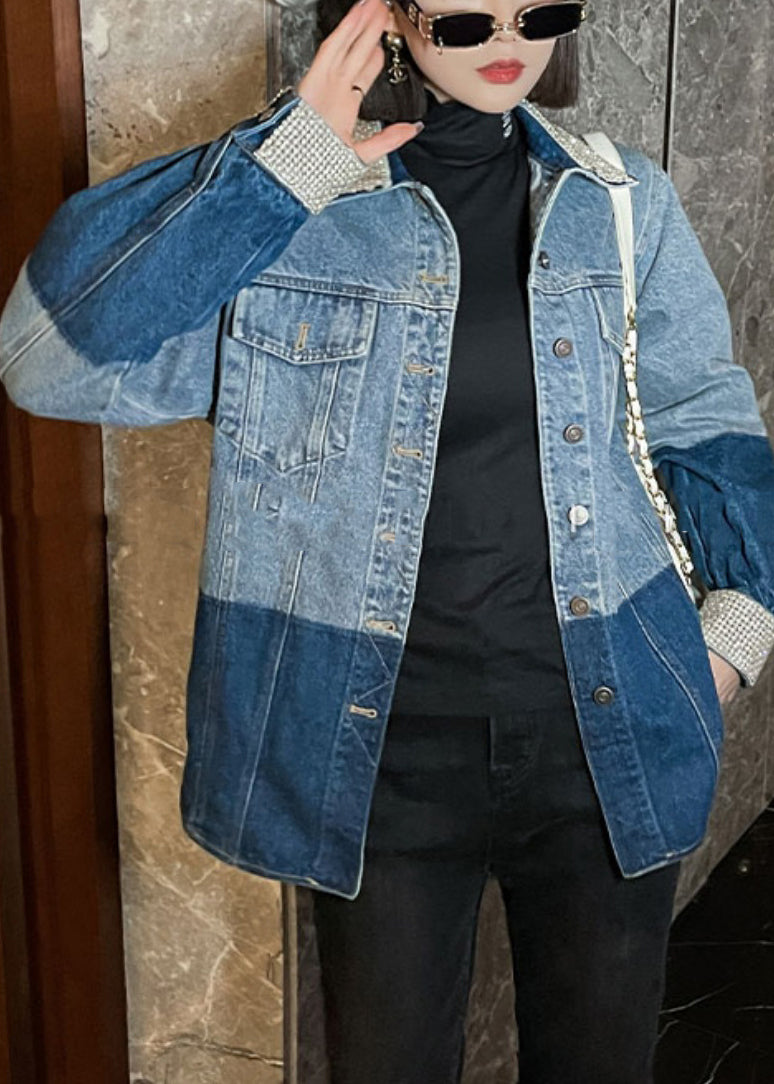 WW | Blue Peter Pan Collar Button Patchwork Denim Coats Long Sleeves