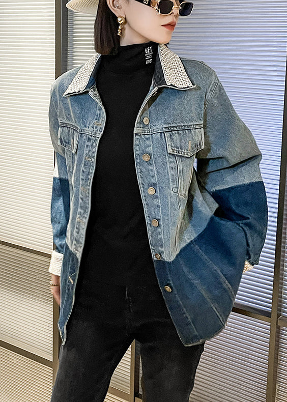 WW | Blue Peter Pan Collar Button Patchwork Denim Coats Long Sleeves