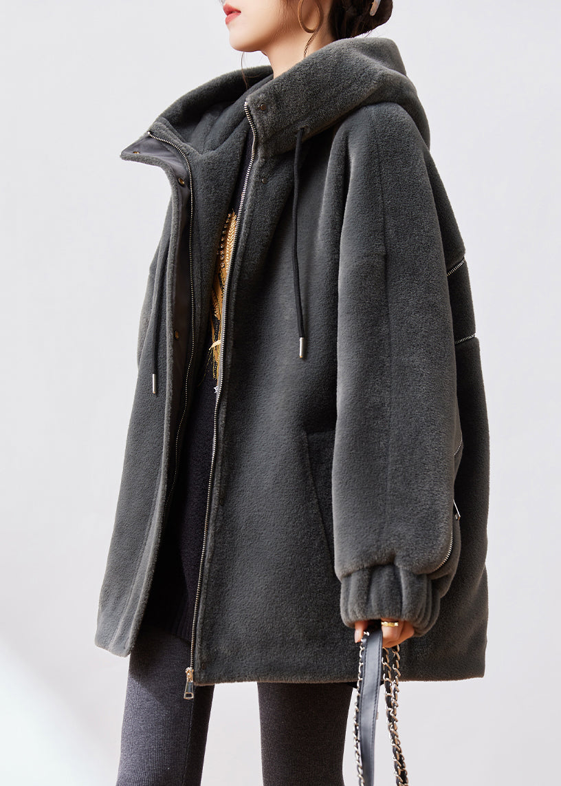 WW | Dark Gray Zipper Cotton-Padded Mink Velvet Coats Winter