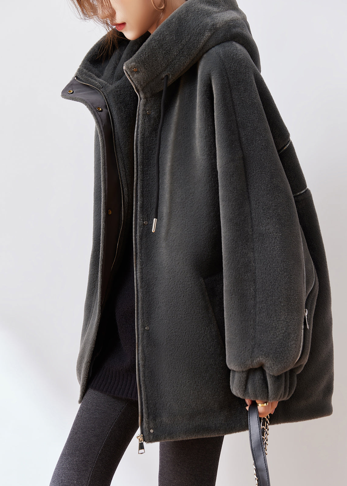 WW | Dark Gray Zipper Cotton-Padded Mink Velvet Coats Winter