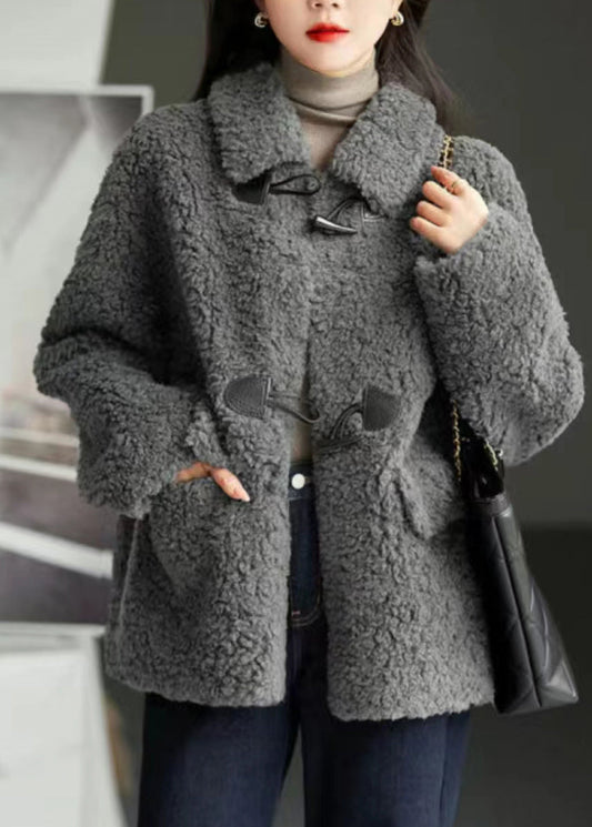 WW | Grey Peter Pan Collar Pockets Patchwork Wool Coats Winter