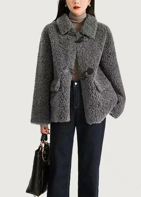 WW | Grey Peter Pan Collar Pockets Patchwork Wool Coats Winter