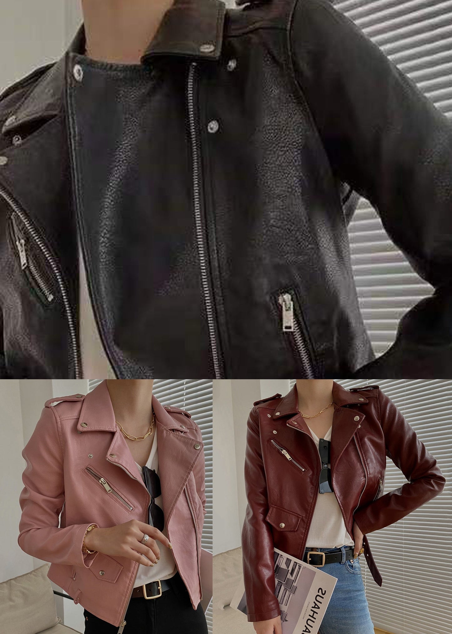 WW | Mulberry Peter Pan Collar Patchwork Faux Leather Jackets
