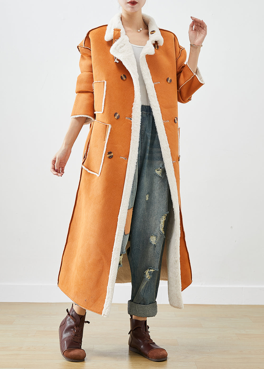 WW | Orange Double-Breasted Fuzzy Fluffy Reversible Coats Winter