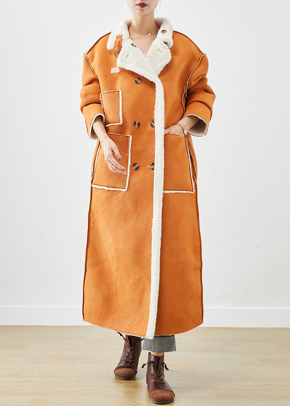 WW | Orange Double-Breasted Fuzzy Fluffy Reversible Coats Winter