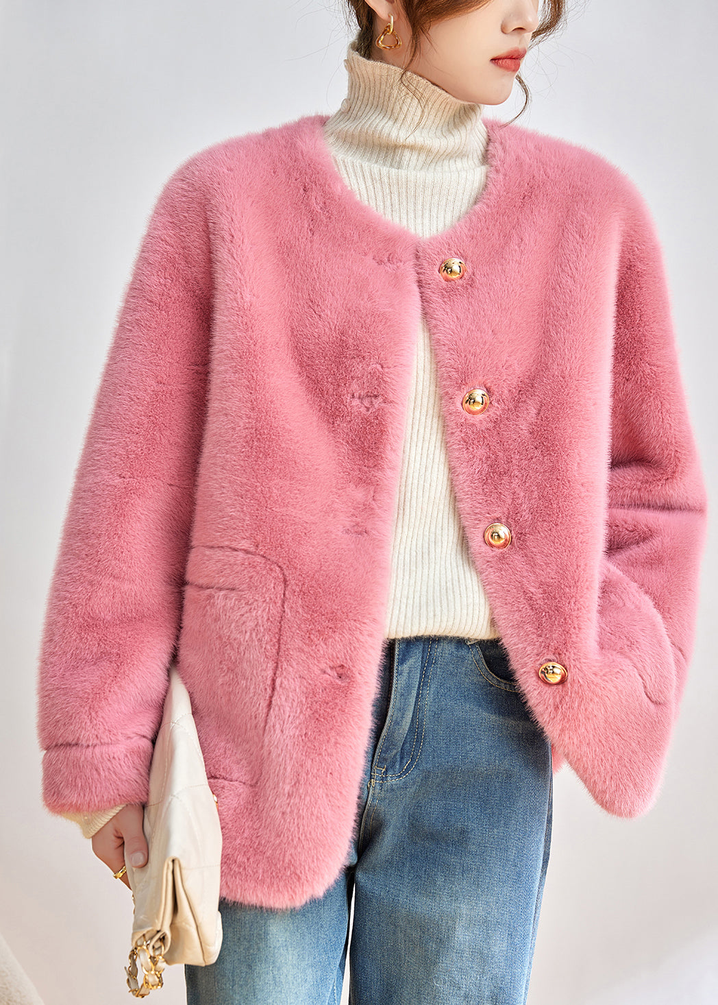 WW | Pink Scoop Neck Pockets Button Faux Fur Jackets Winter