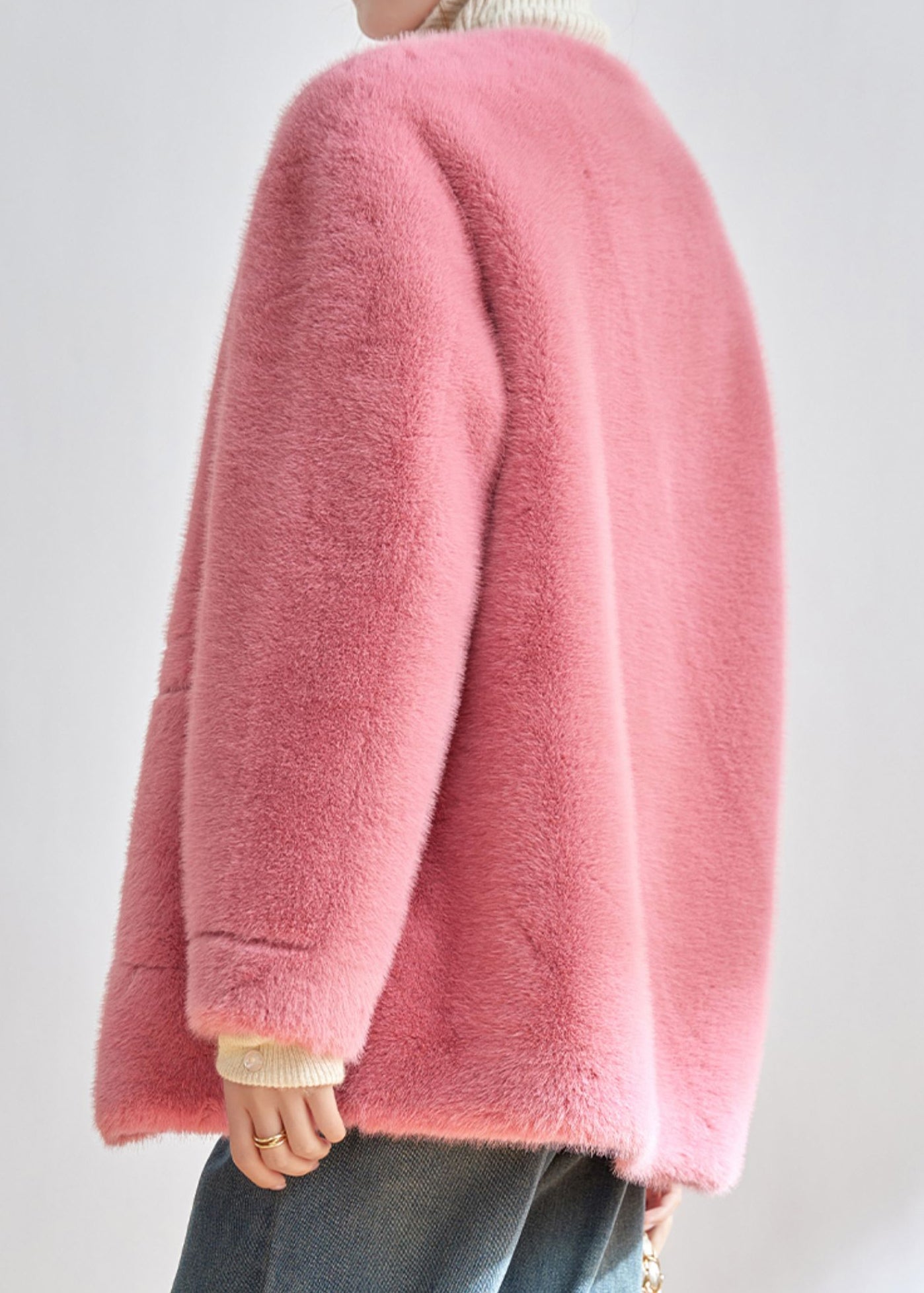 WW | Pink Scoop Neck Pockets Button Faux Fur Jackets Winter