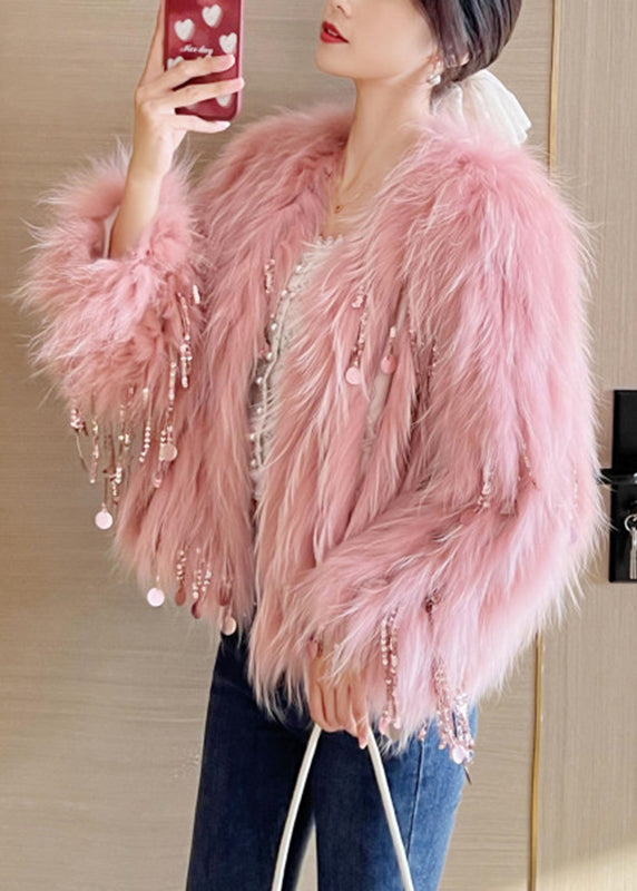 WW | Pinke Pailletten Quaste Leder und Pelzmäntel Winter
