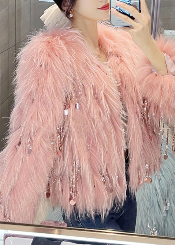 WW | Pink Sequin Tassel Leather and Fur Coats Winter
