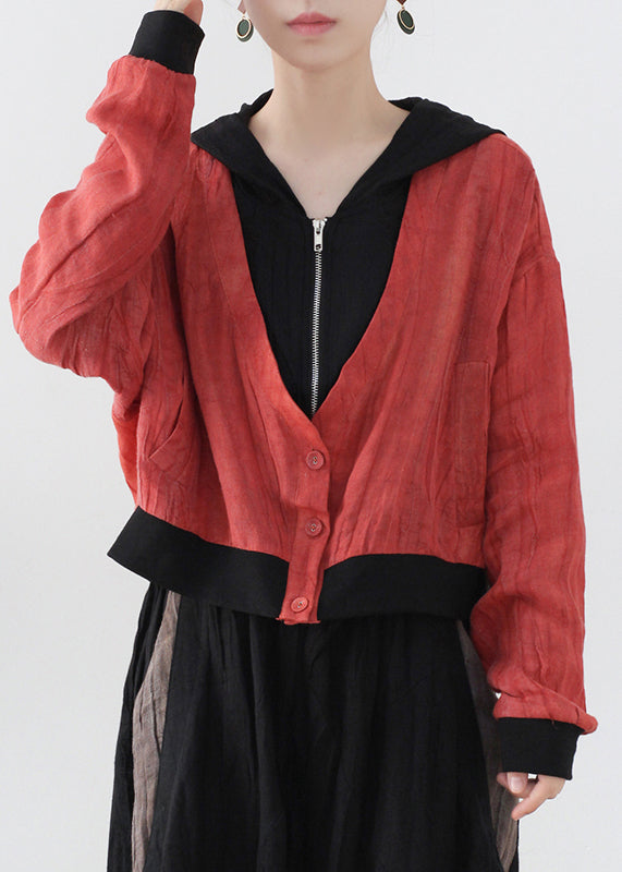 WW | Red Colorblock Patchwork Linen Fake Two-Piece Long Sleeve Coats