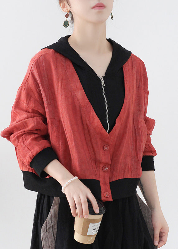 WW | Rote Colorblock Patchwork Leinen Fake Zwei Stück Mäntel Langarm