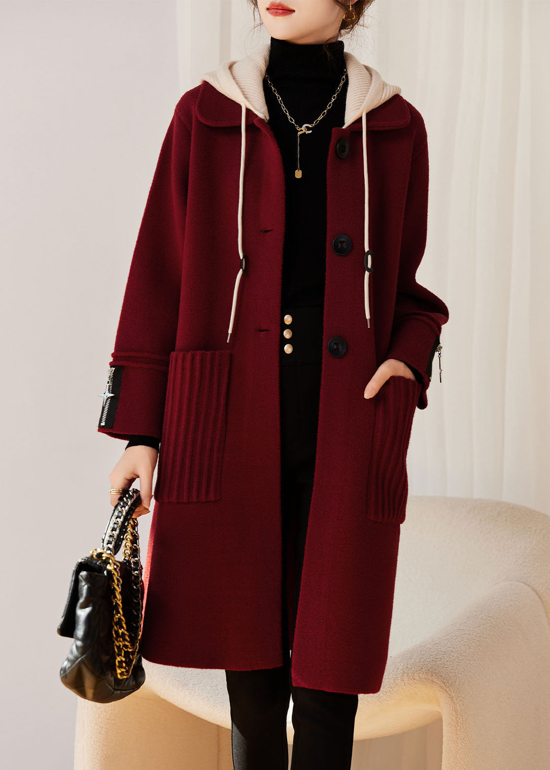 WW | Red Drawstring Button Wool Jacket Hoodie Long Sleeve