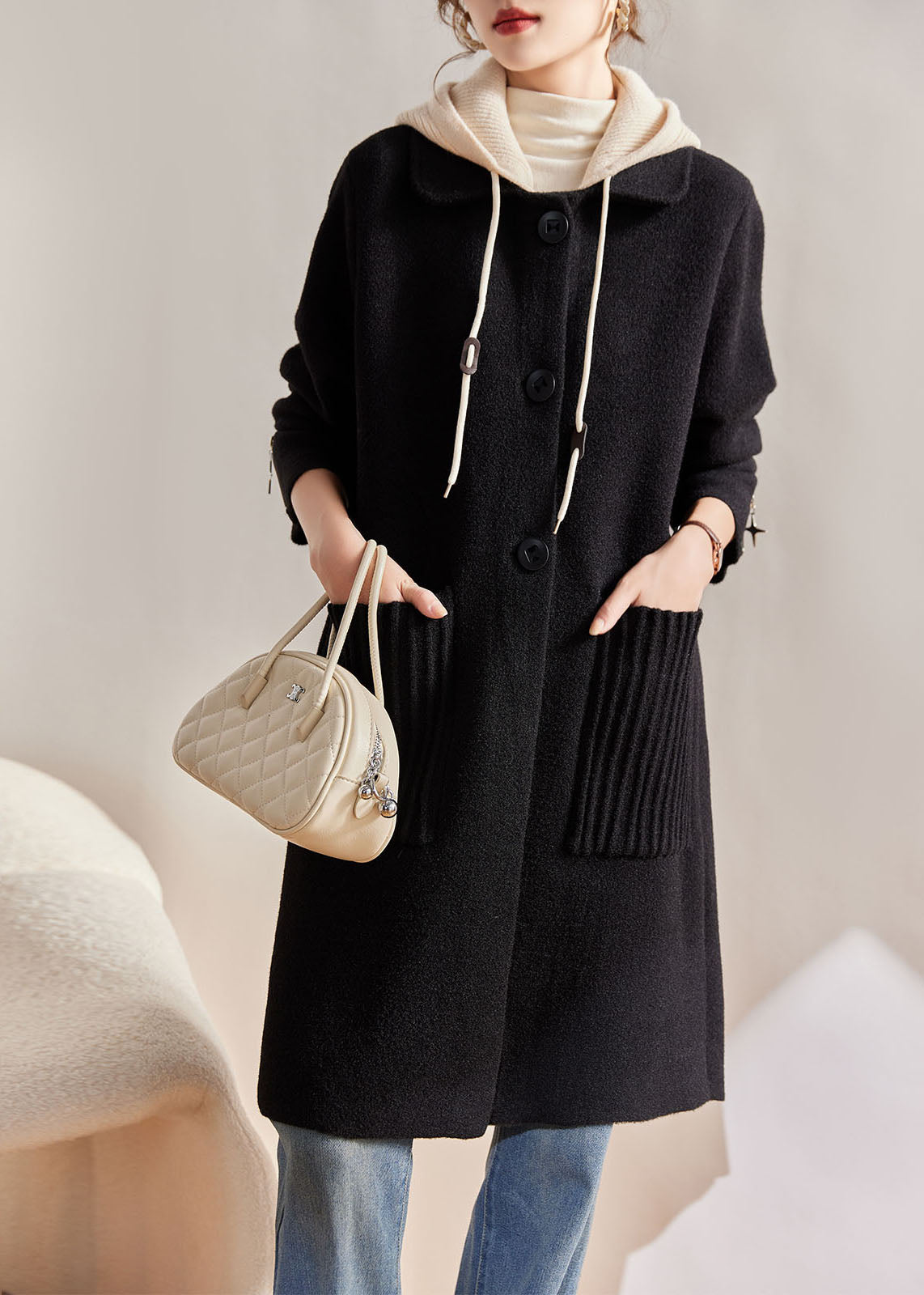 WW | Red Drawstring Button Wool Jacket Hoodie Long Sleeve