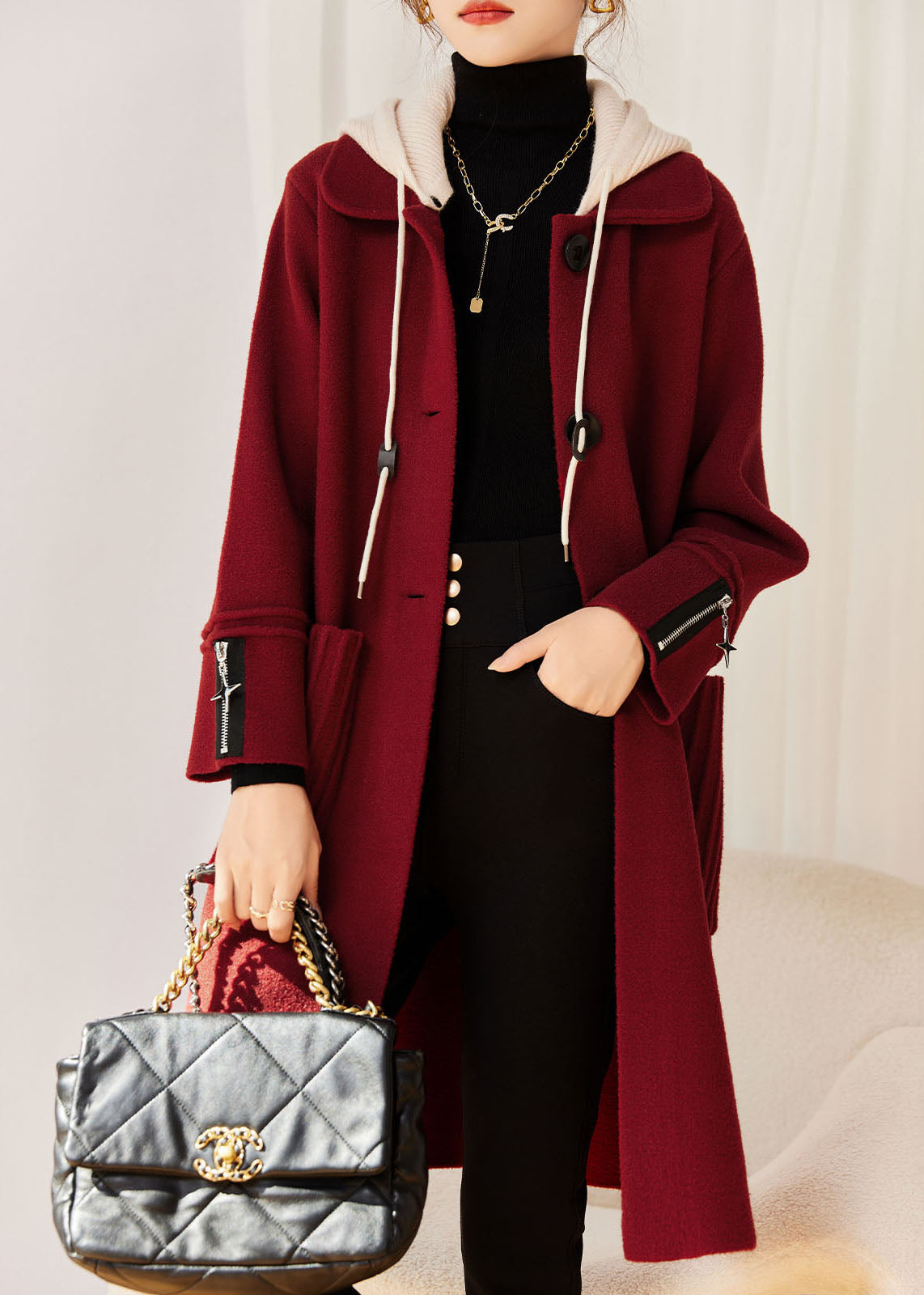 WW | Red Drawstring Button Wool Jacket Hoodie Long Sleeve