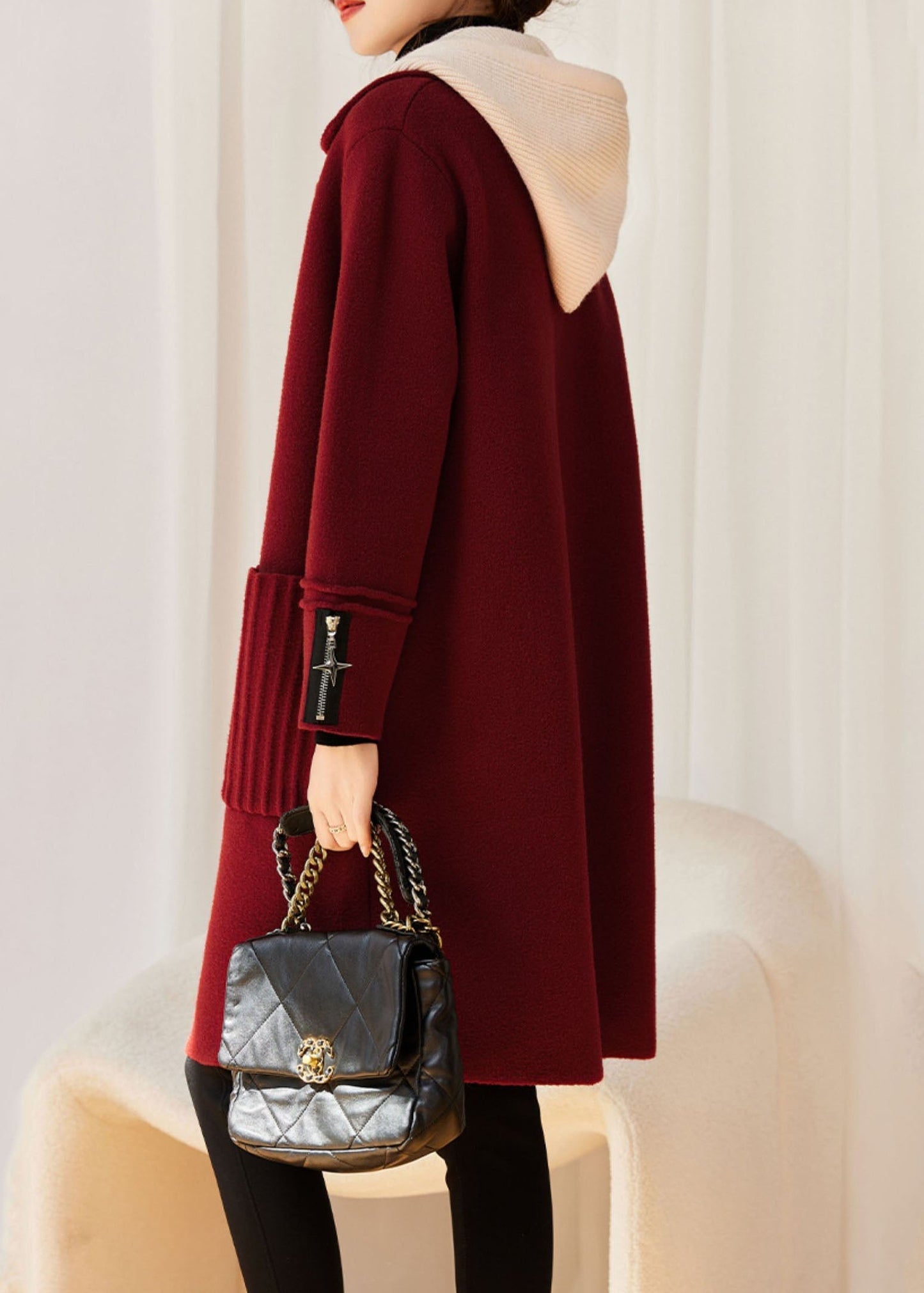 WW | Red Drawstring Button Wool Jacket Hoodie Long Sleeve