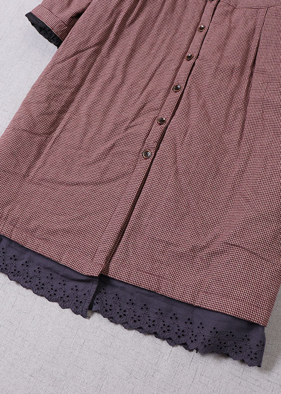 WW | Red Stand-Up Collar Plaid Fine Cotton Lined Winter Coats