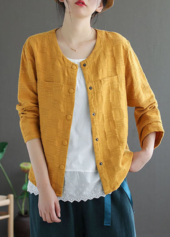 WW | Yellow Button Crew-Neck Jacquard Coats Long Sleeves