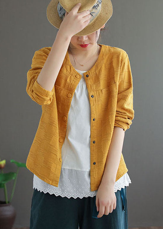 WW | Yellow Button Crew-Neck Jacquard Coats Long Sleeves