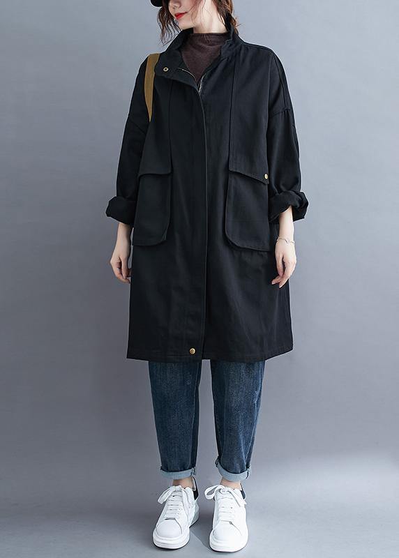 WW | Black fine coats Women's blouses Neckline Stand-up collar large pockets Outerwear