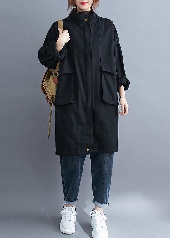 WW | Black fine coats Women's blouses Neckline Stand-up collar large pockets Outerwear