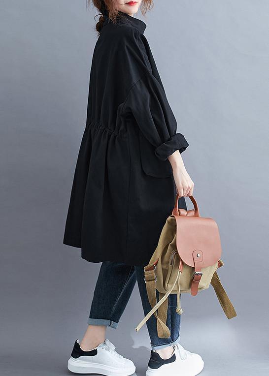 WW | Black fine coats Women's blouses Neckline Stand-up collar large pockets Outerwear