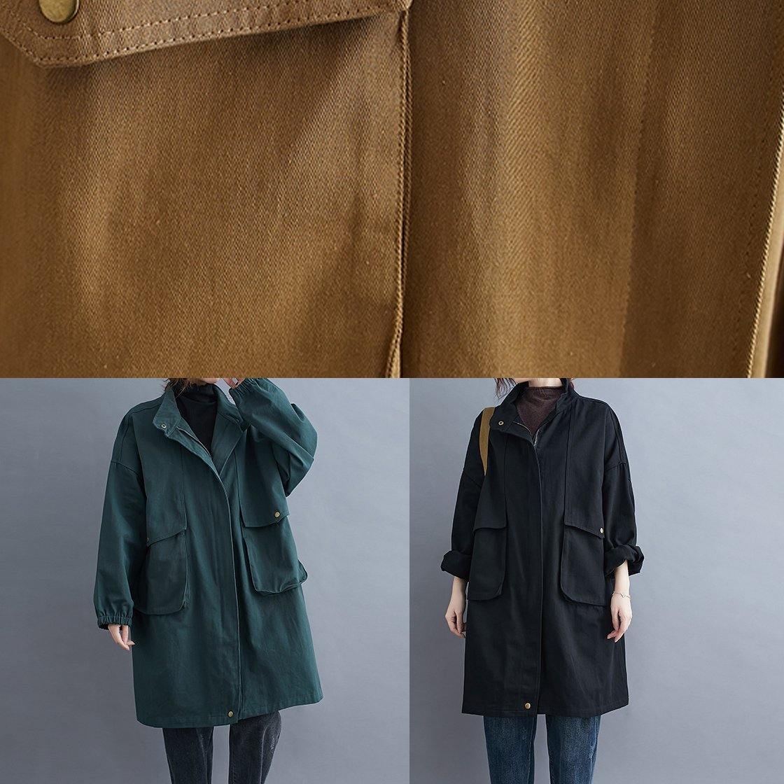 WW | Black fine coats Women's blouses Neckline Stand-up collar large pockets Outerwear