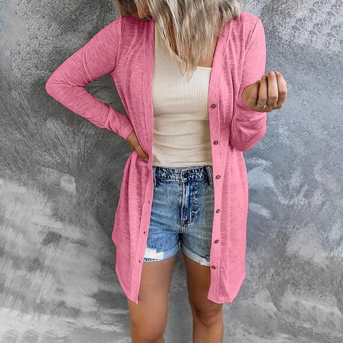 WW | Damen Lange Strickjacke mit Knopfschluss und Langen Ärmeln