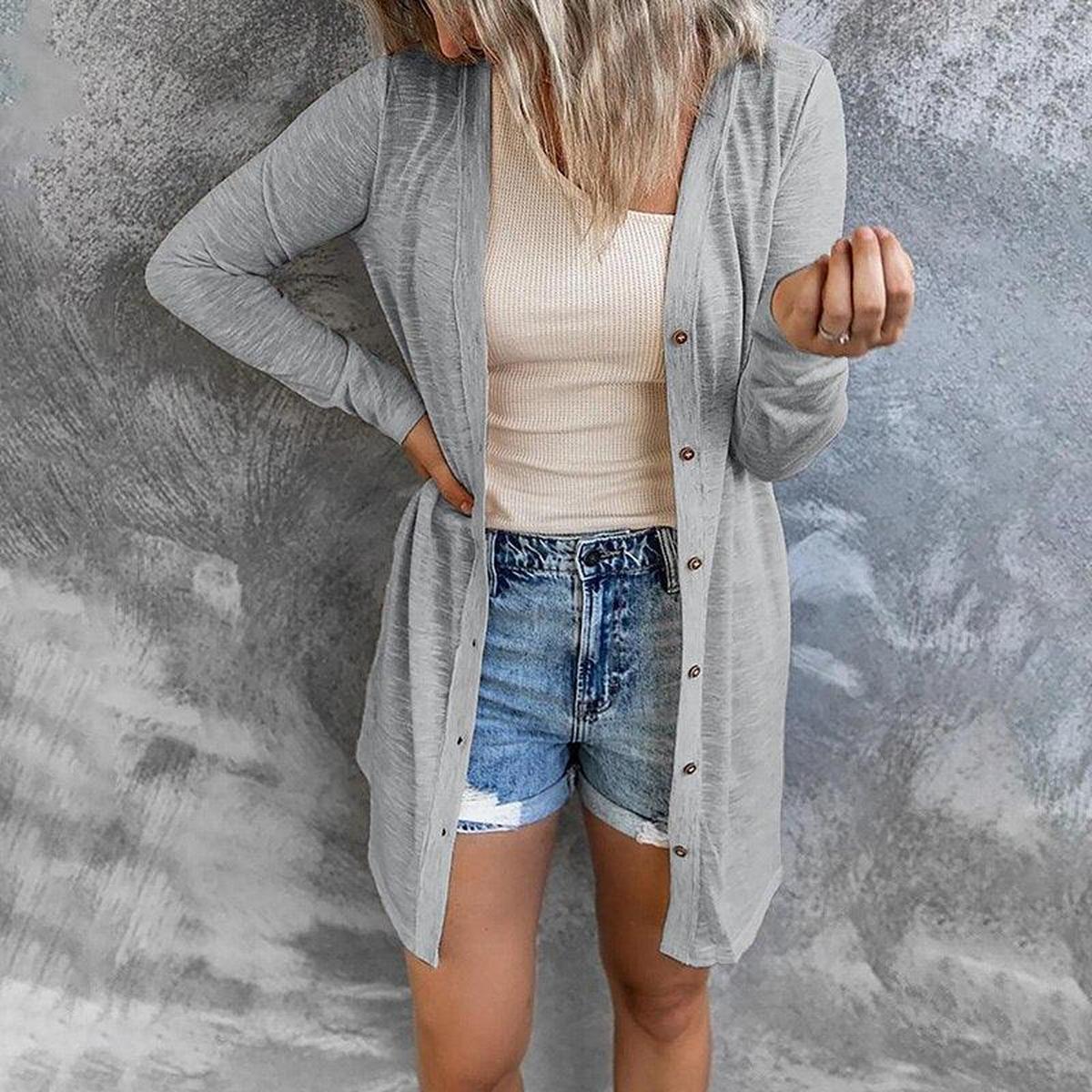 WW | Damen Lange Strickjacke mit Knopfschluss und Langen Ärmeln