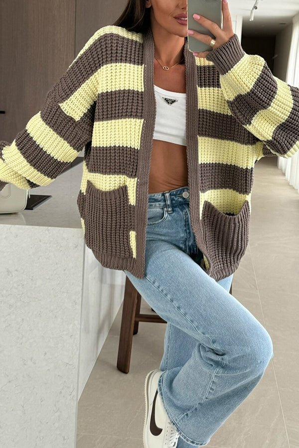 WW | Damen Gestreifter Strickcardigan mit Taschen und Lockere Passform