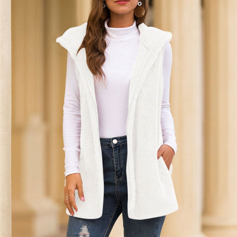 WW | Damen Ärmellose Fleece-Weste mit Kapuze und Taschen