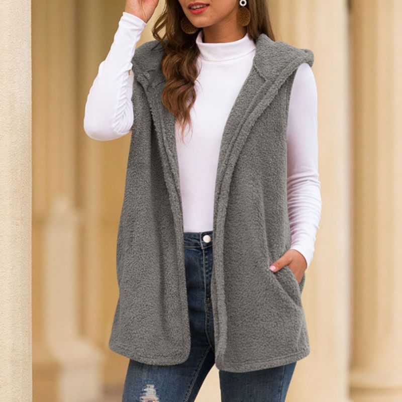 WW | Damen Ärmellose Fleece-Weste mit Kapuze und Taschen