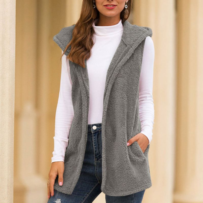WW | Damen Ärmellose Fleece-Weste mit Kapuze und Taschen