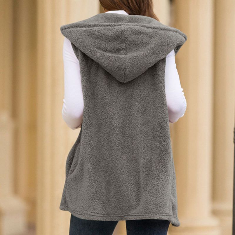 WW | Damen Ärmellose Fleece-Weste mit Kapuze und Taschen