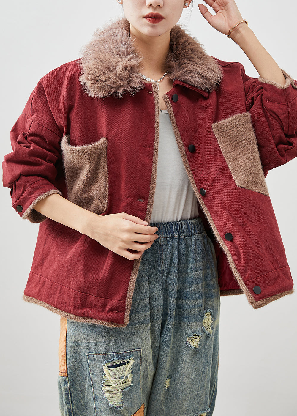 WW | Patchwork Cotton Coats Fur Collar