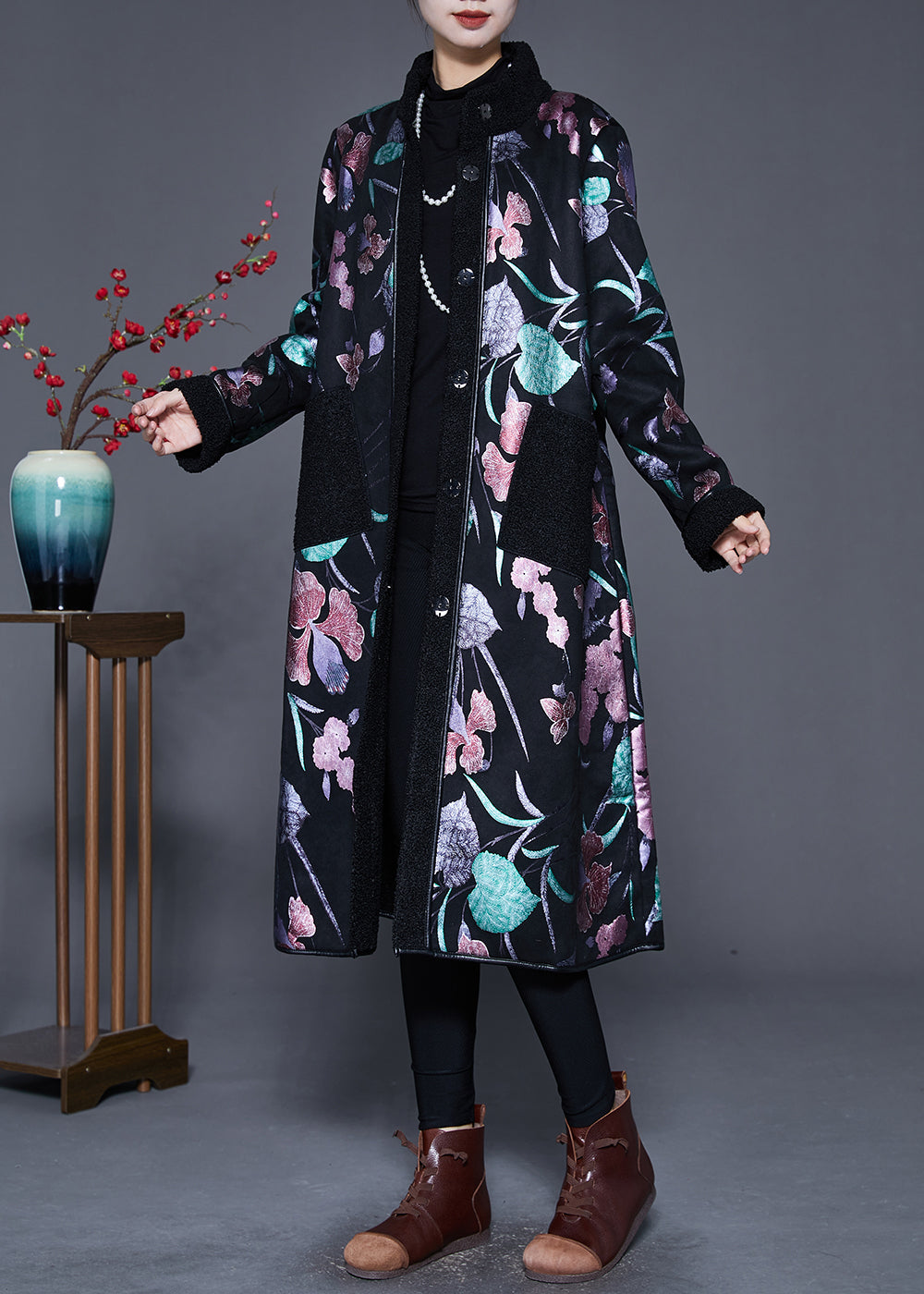 WW | Print Fleece Wool Lined Stand Collar Winter Coats