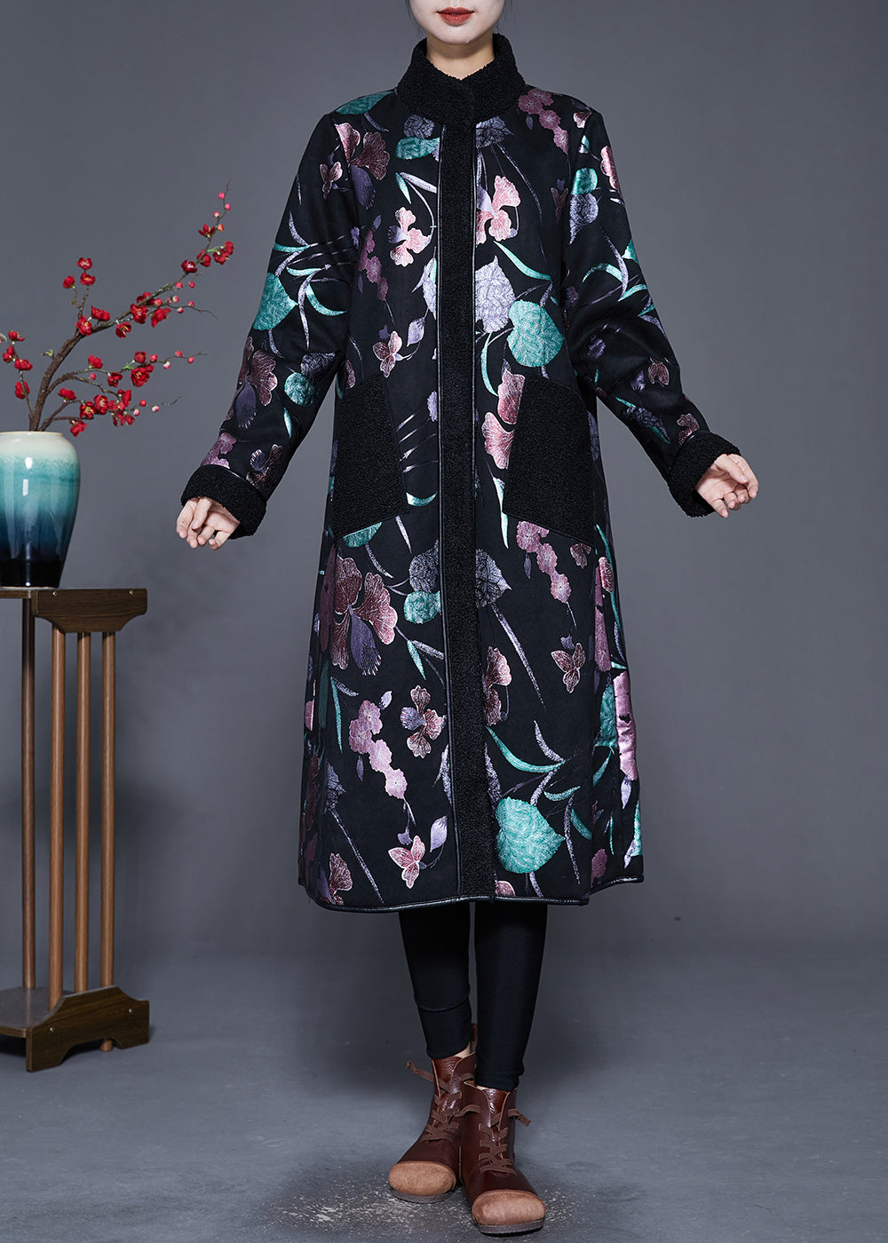 WW | Print Fleece Wool Lined Stand Collar Winter Coats
