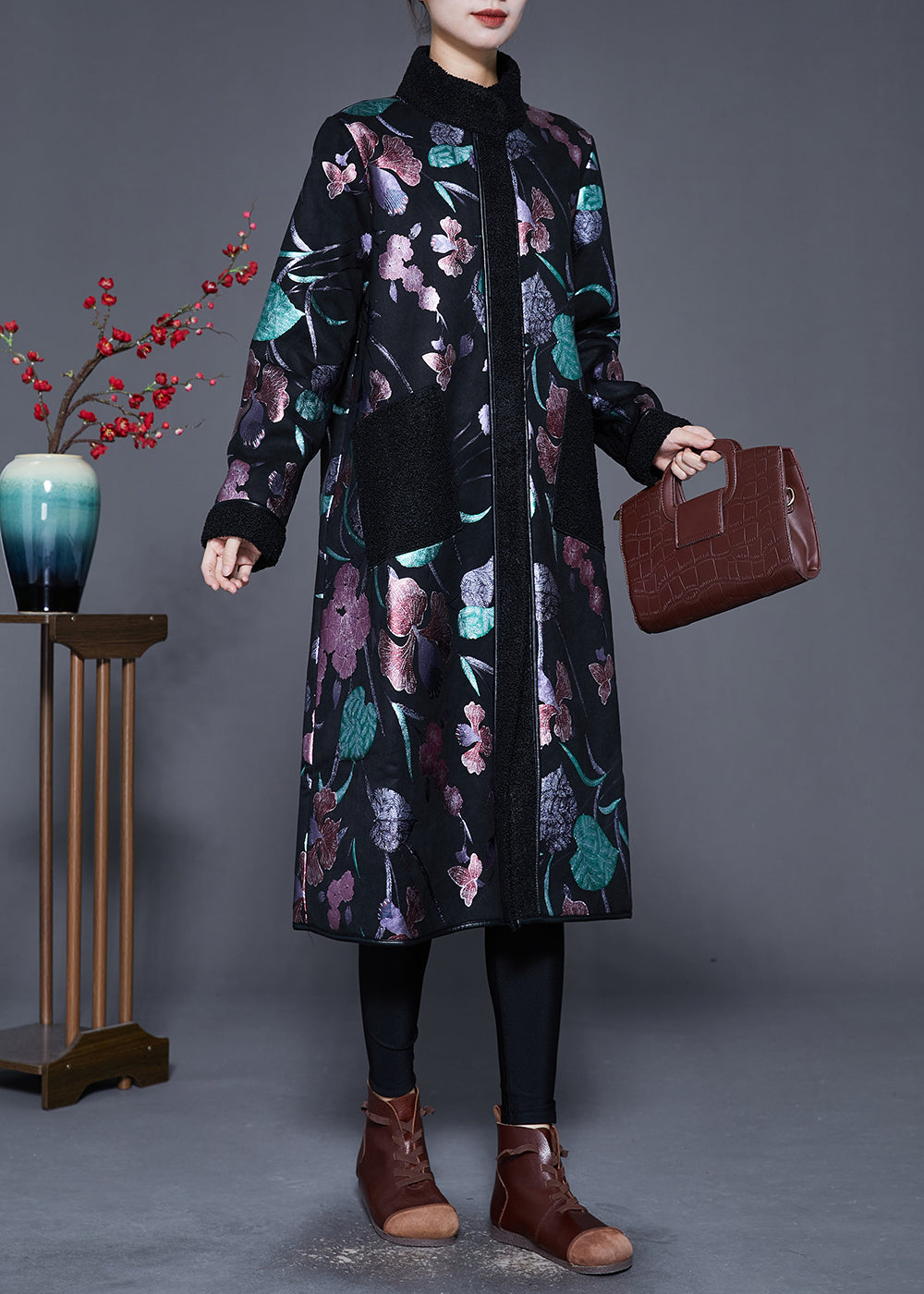 WW | Print Fleece Wool Lined Stand Collar Winter Coats