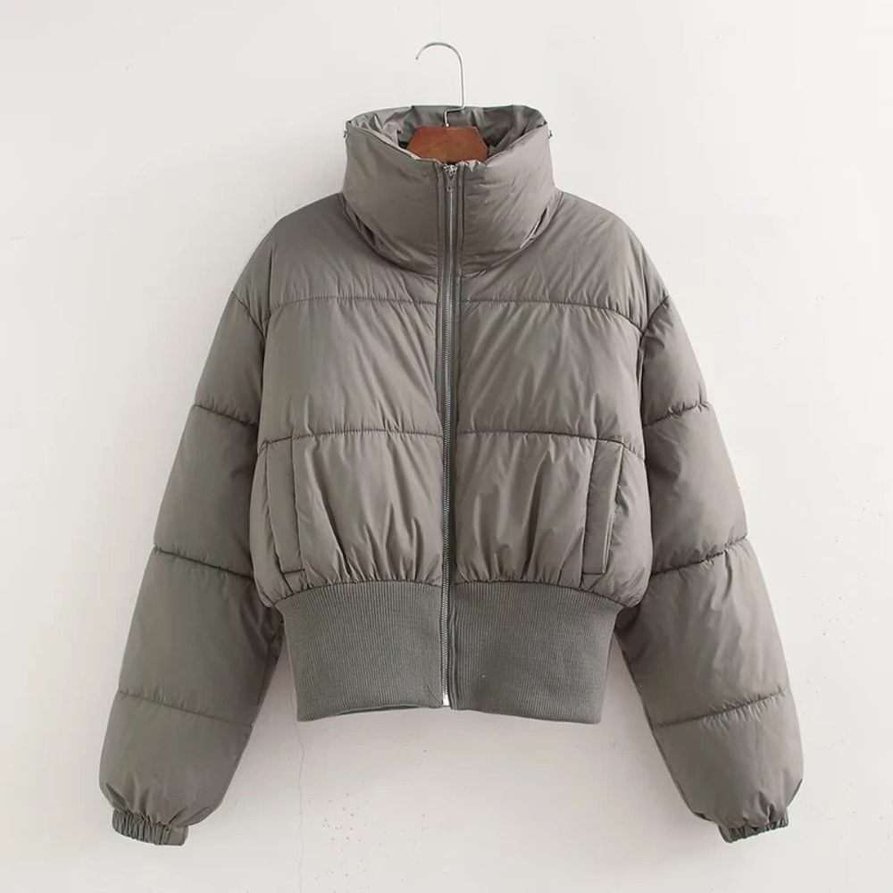 WW | Damen Kurze Pufferjacke mit Hohem Kragen und Elastischem Taillengürtel