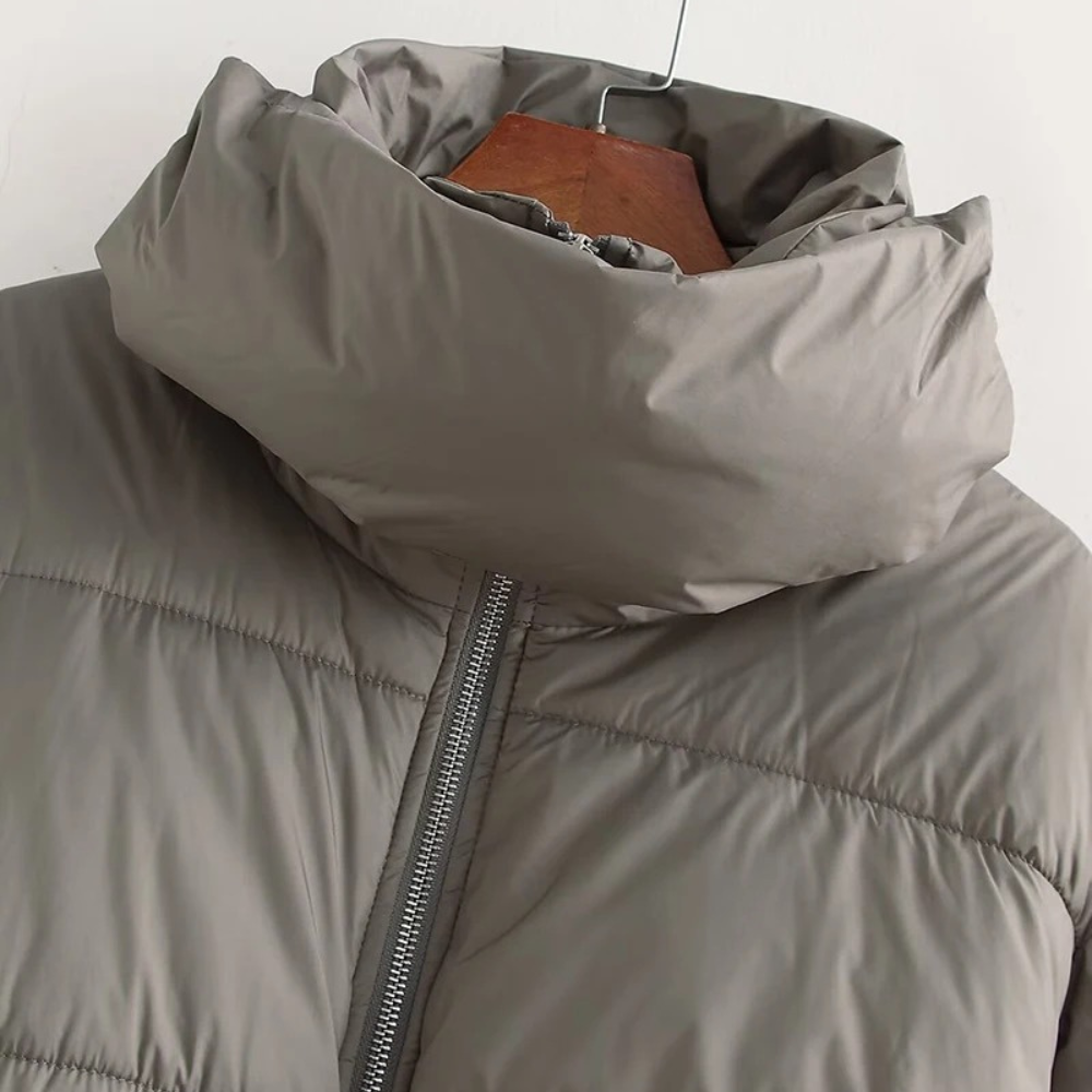 WW | Damen Kurze Pufferjacke mit Hohem Kragen und Elastischem Taillengürtel